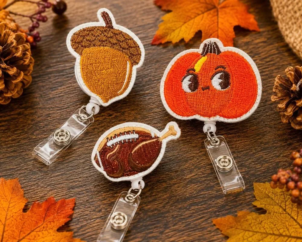 3 Pc Thanksgiving Retractable Badge Reel Set Acorn Pumpkin Turkey Fall ID Holder
